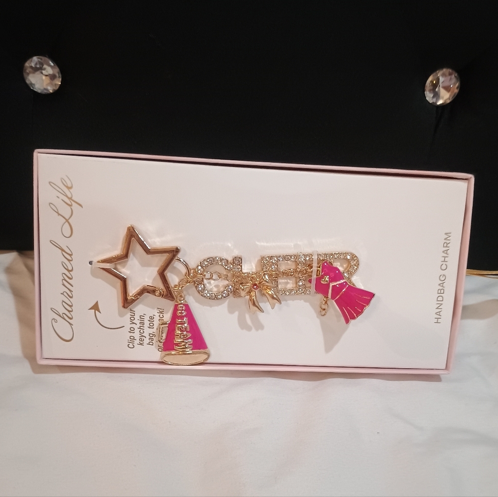 New Charmed Life Cheer/Megaphone/Bow Elegant Bag Charm Gold/Pink